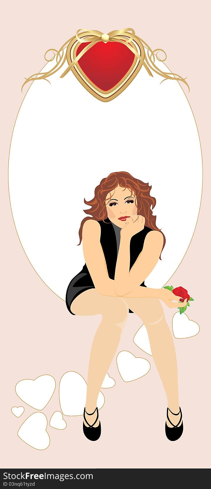 Sitting beautiful woman with red rose. Card