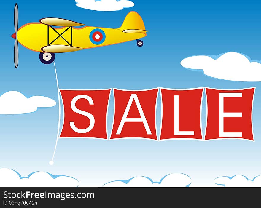 Yellow airplane with sale banner. Yellow airplane with sale banner