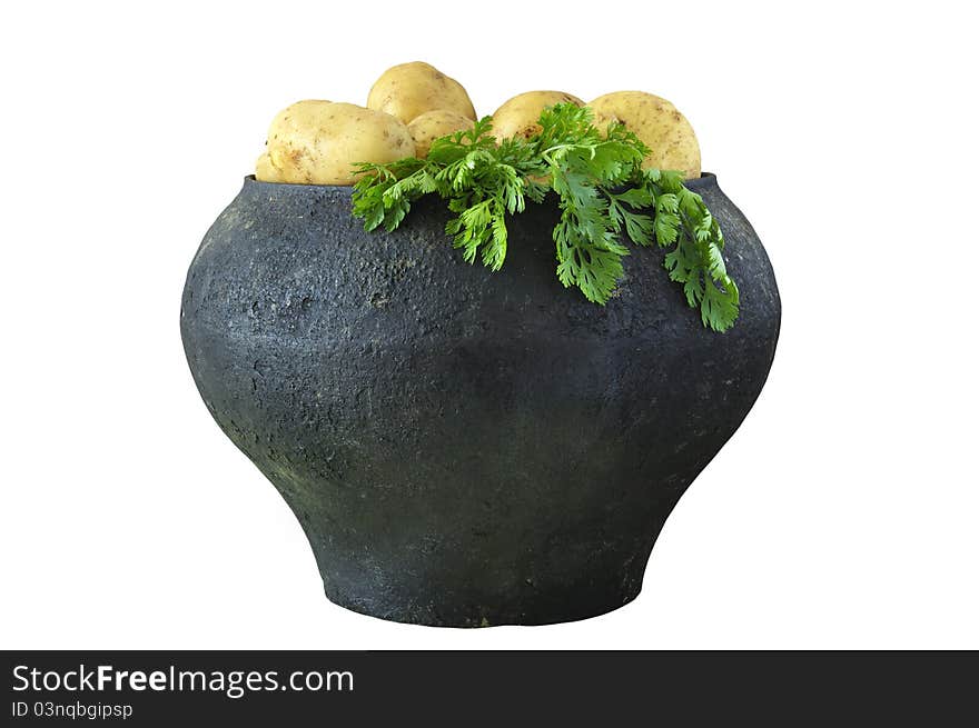 Pot old rural with potato  on the white isolated background