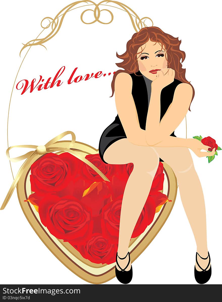 Beautiful woman sitting on the heart with roses