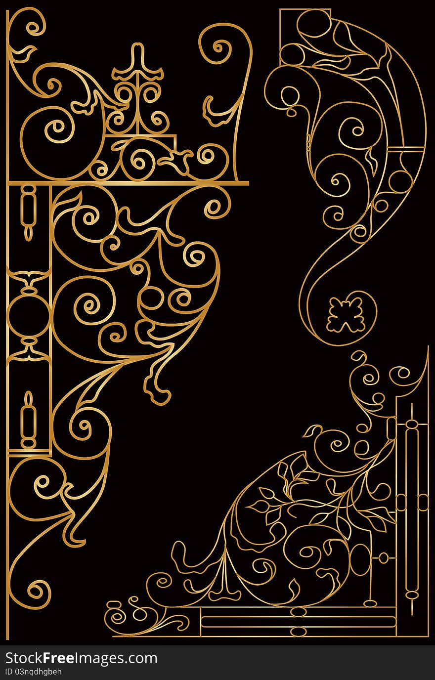 Ornate golden signboards on black backdrop