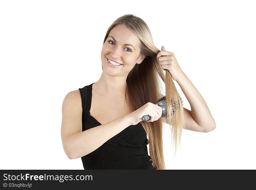 Portrait of beautiful young woman comb long straight hairs on white background with. Portrait of beautiful young woman comb long straight hairs on white background with