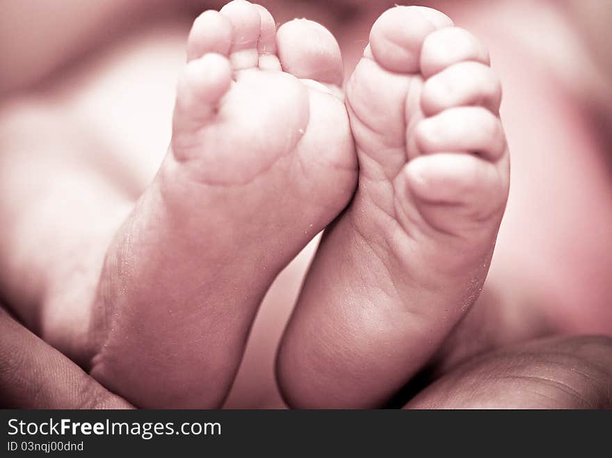 Baby's foot in mother hands closeup