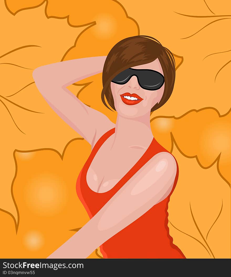 Illustration pretty girl on autumn background - vector