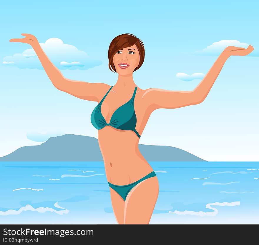 Illustration pretty girl on the beach - vector