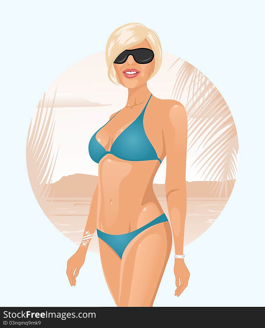 Illustration pretty girl on summer background - vector