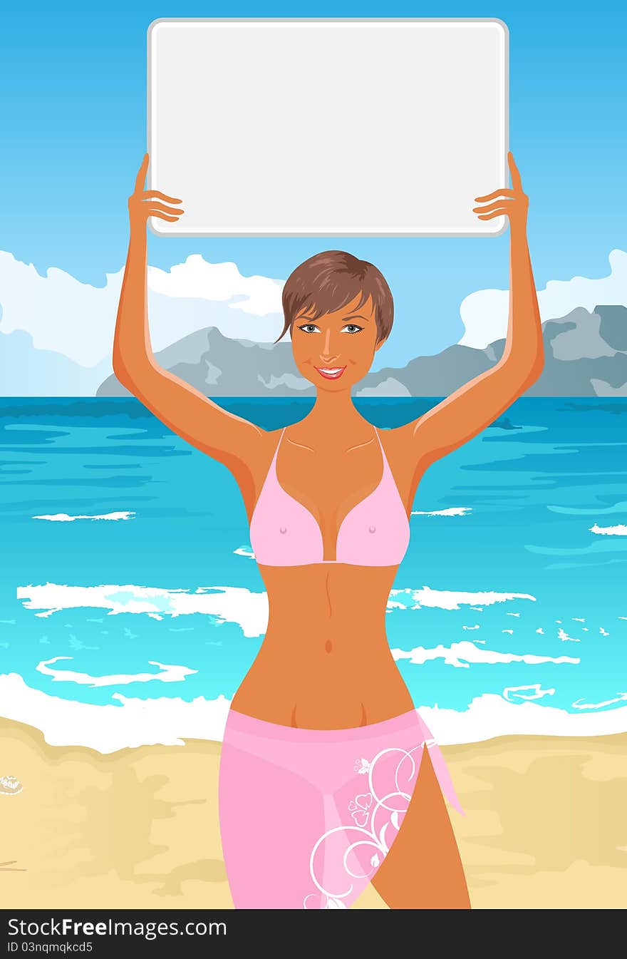 Illustration girl in bikini with banner on the beach - vector