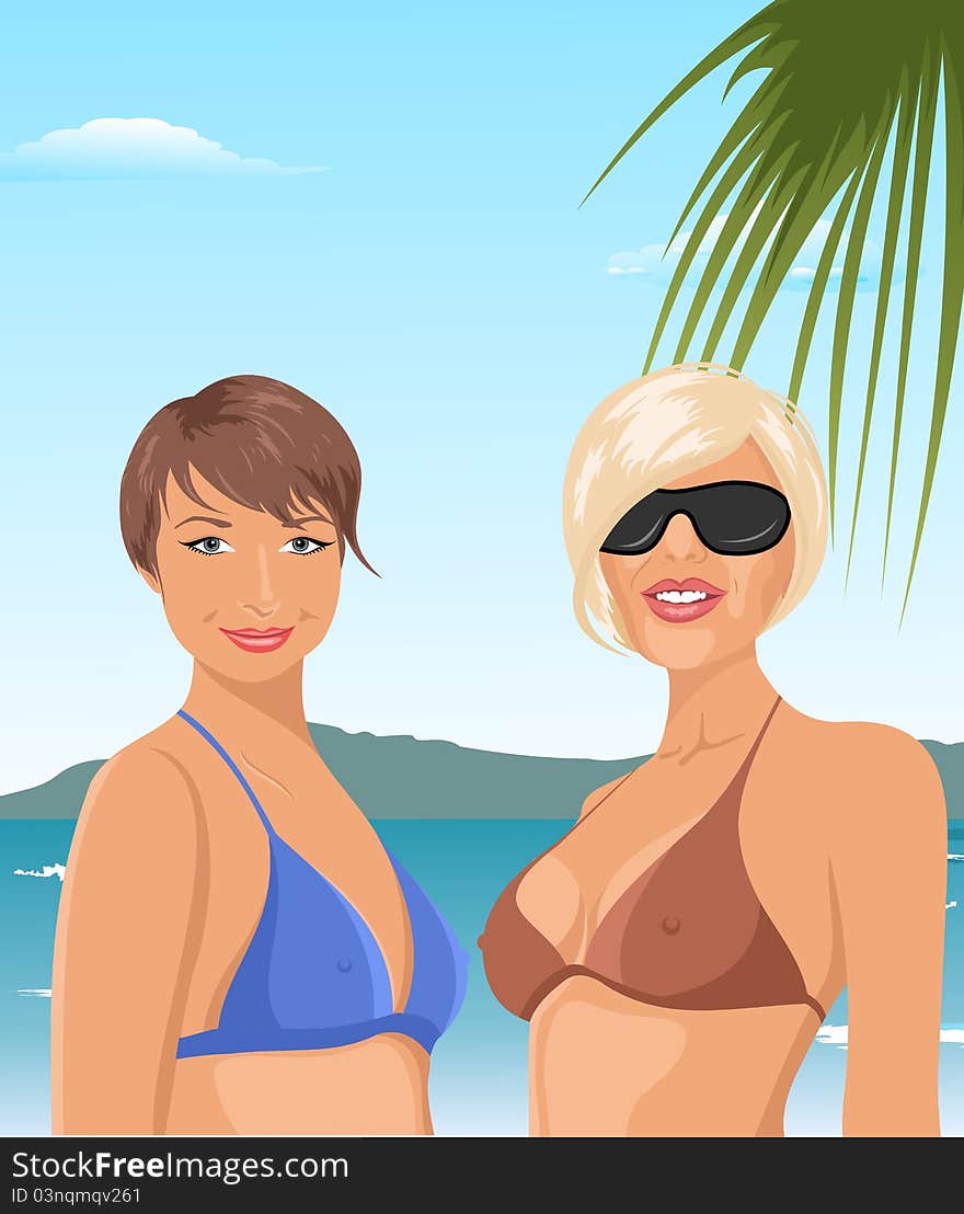 Illustration two girls on the beach - vector