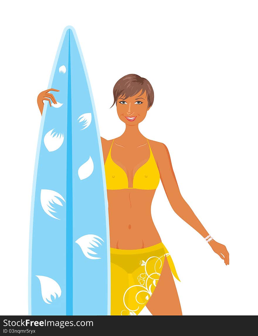 Illustration cool girl in yellow swimsuit with surfboard in her hand, isolated - vector. Illustration cool girl in yellow swimsuit with surfboard in her hand, isolated - vector