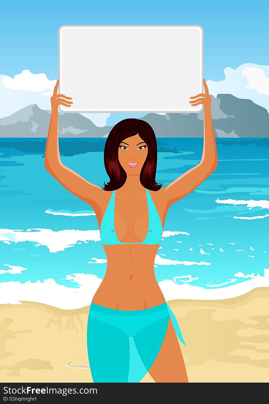 Illustration girl in bikini with banner on the beach - vector