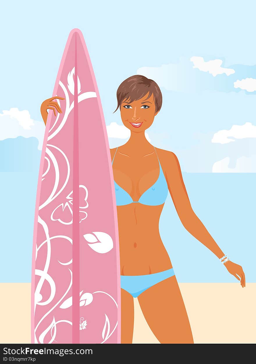 Illustration girl with surfboard in her hand - vector