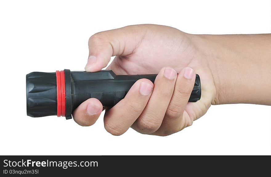 Flashlight in hand isolated on white background. Flashlight in hand isolated on white background