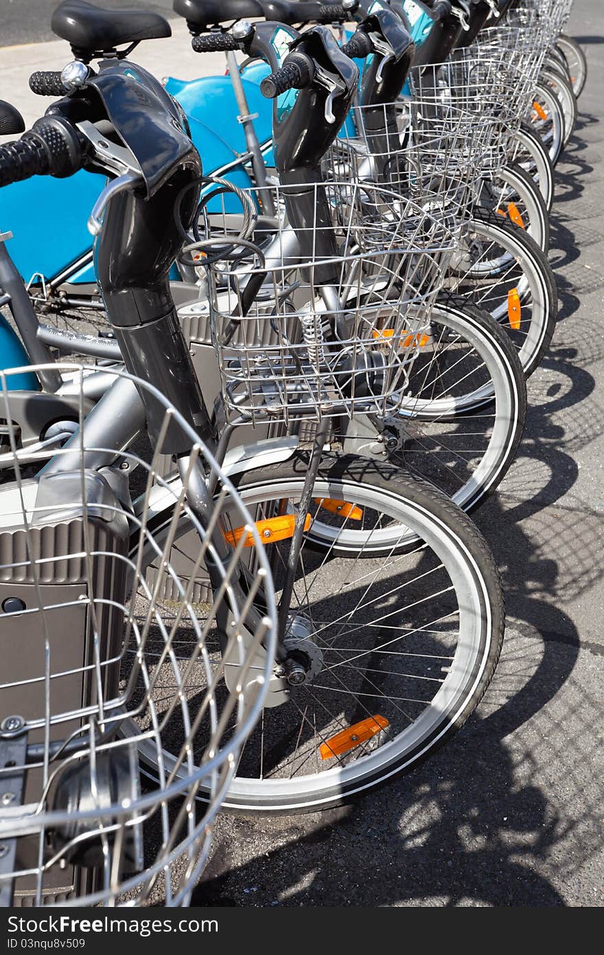 Row of City Bikes for rent at the parking in Dublin. Row of City Bikes for rent at the parking in Dublin