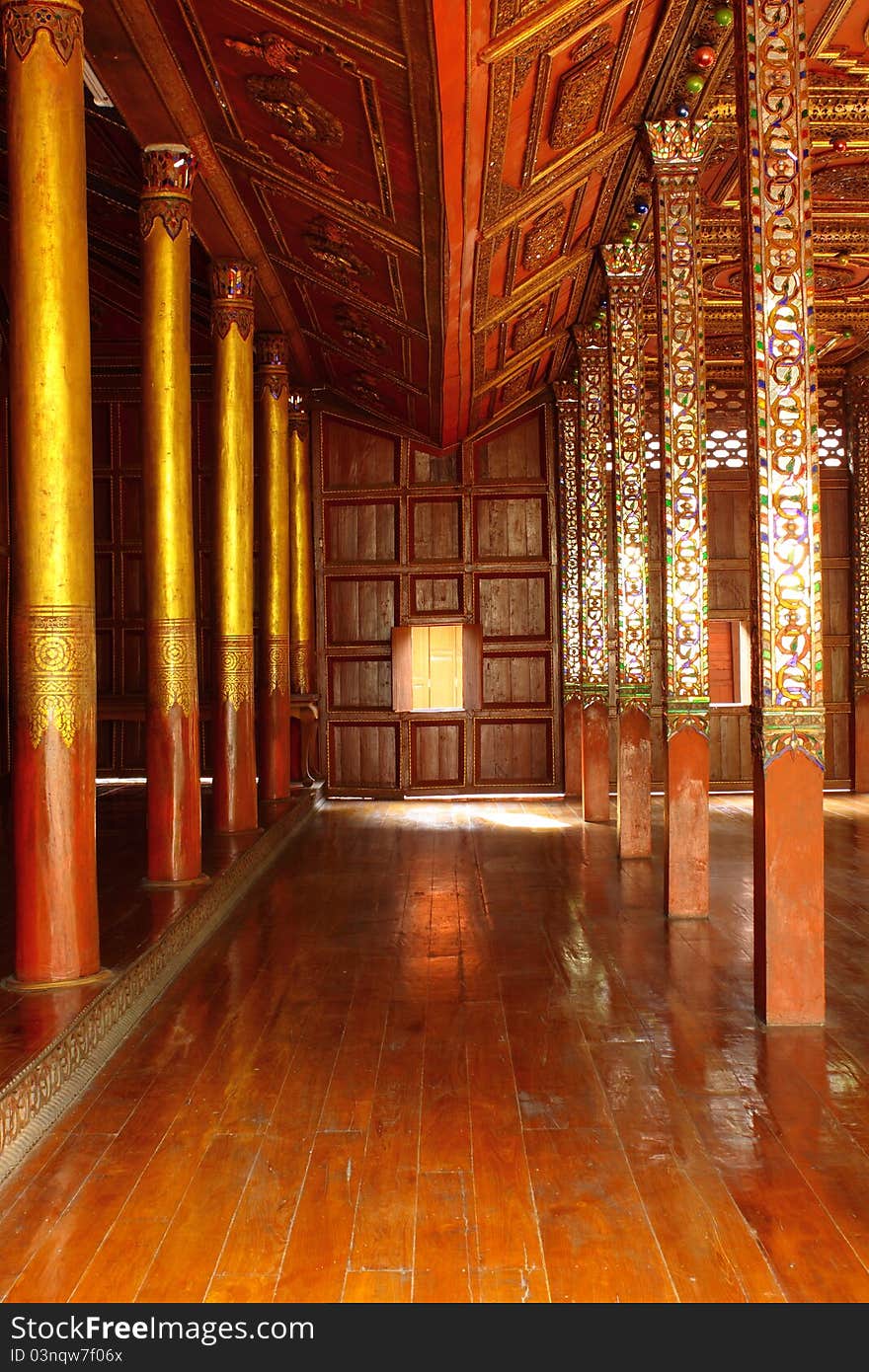 Interior of Thai wooden temple