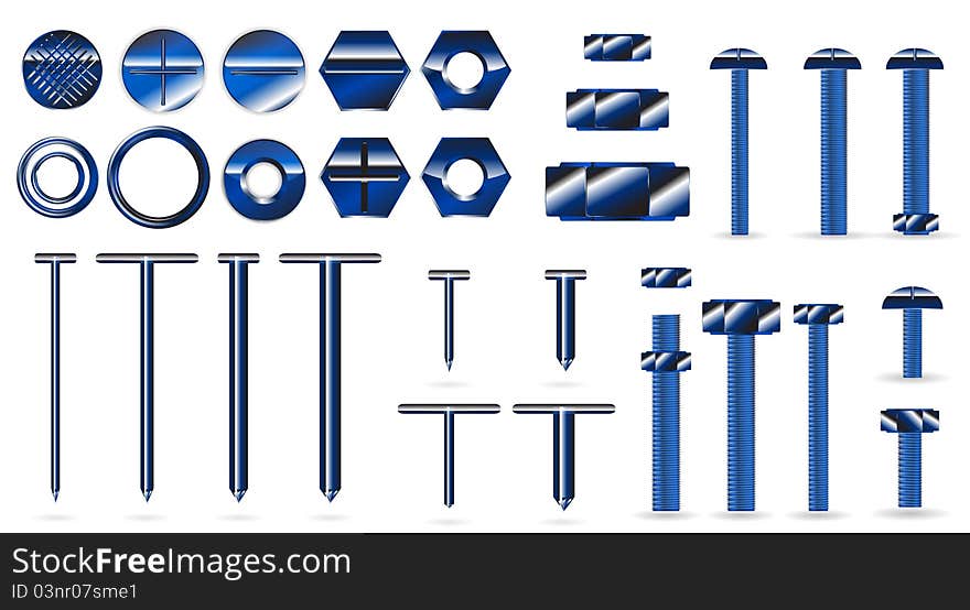 Set Of Blue Screws And Nails