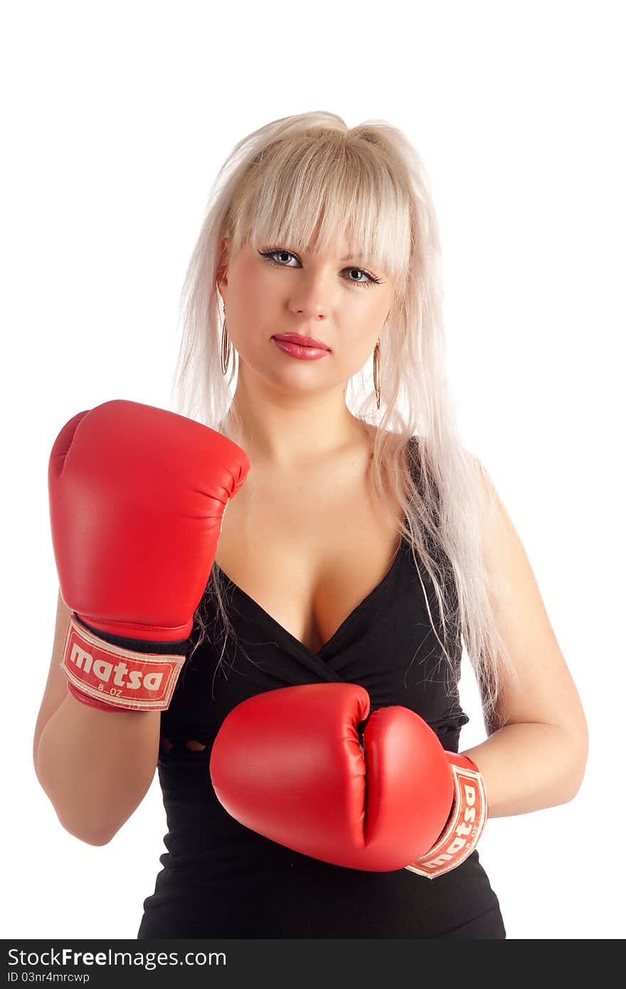 Stylish, glamour girl In boxing gloves on a white background, looks at you. Stylish, glamour girl In boxing gloves on a white background, looks at you