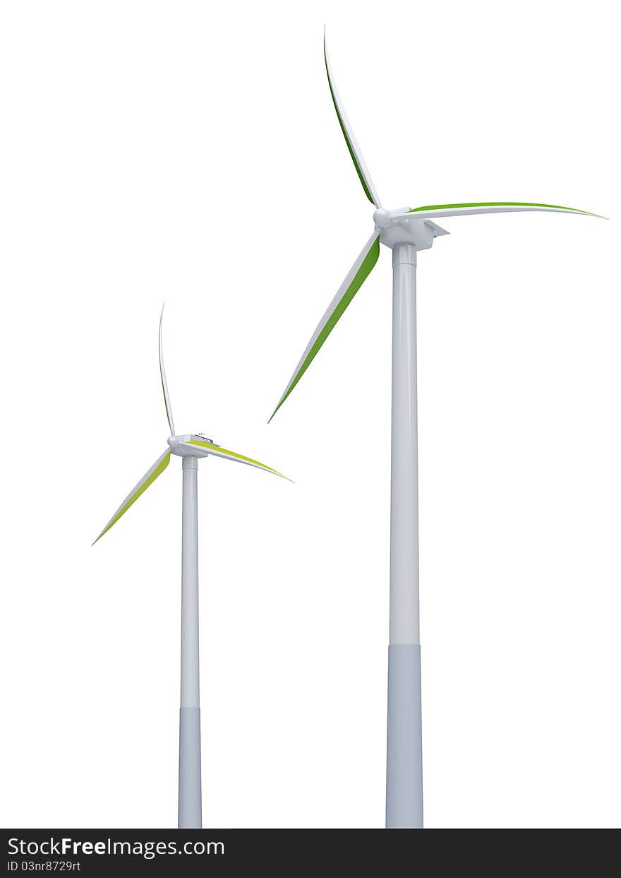 3d green windmills on the white background. 3d green windmills on the white background