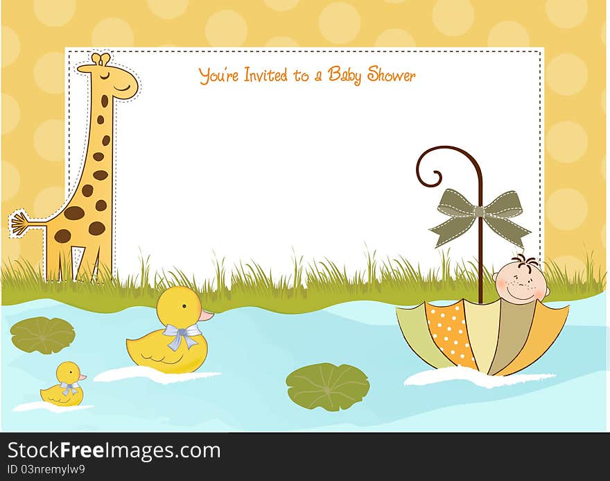 Baby shower announcement with little baby and giraffe