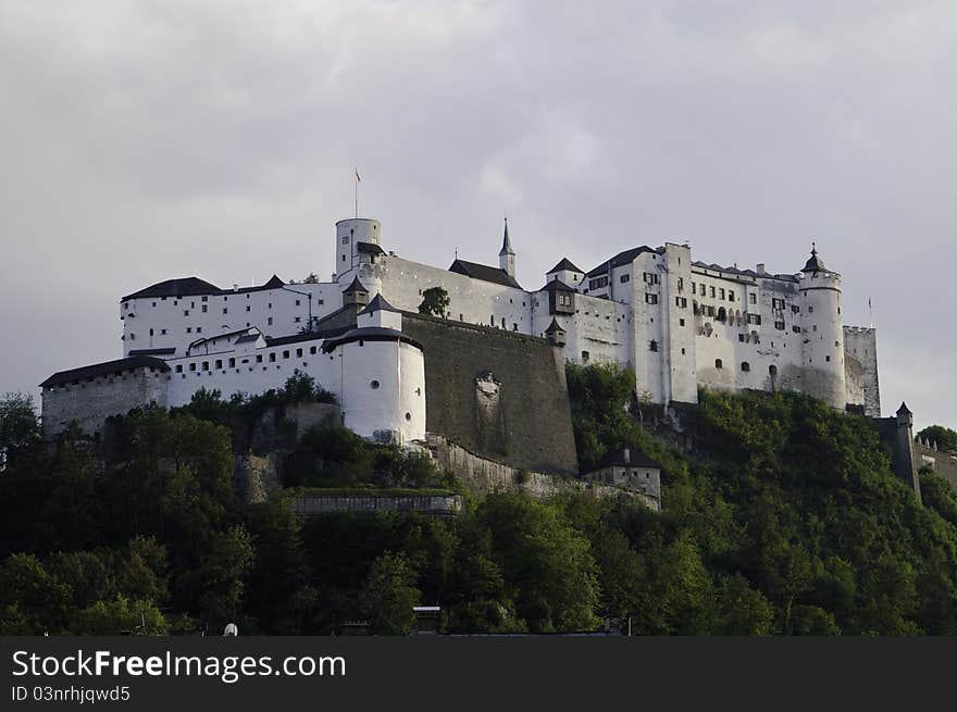 Salzburg Castle on a cloudy day in Austria.