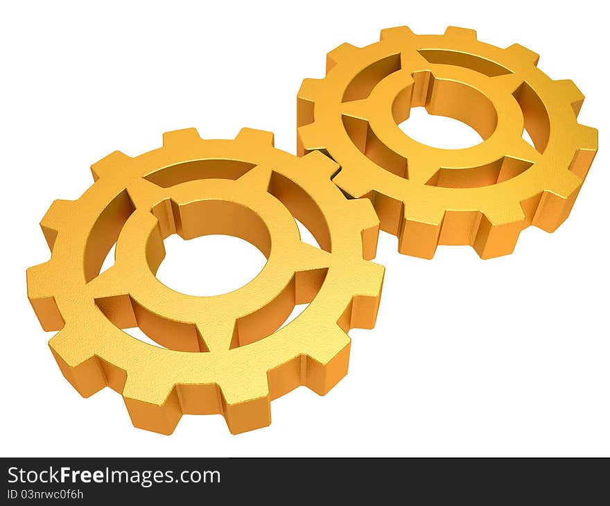 Two gold gears isolated on a white background