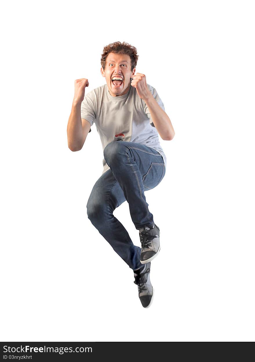 Happy smiling young man jumping. Happy smiling young man jumping