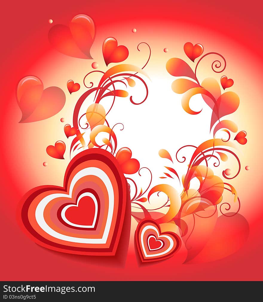 Red heart and patterns on red background. Red heart and patterns on red background