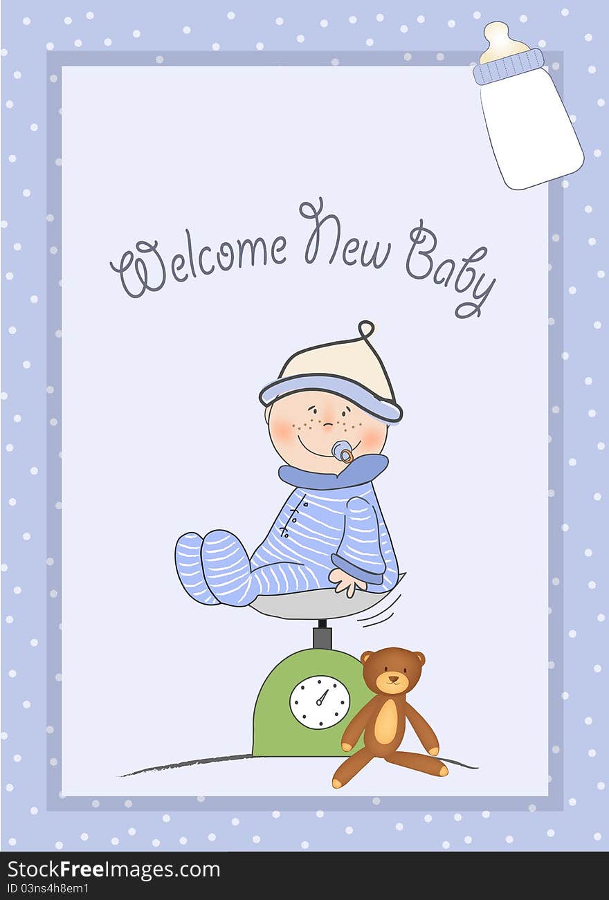 Welcome baby boy card with scale and teddy bear. Welcome baby boy card with scale and teddy bear