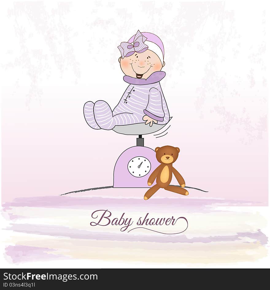 Welcome new baby girl card with scale and teddy bear