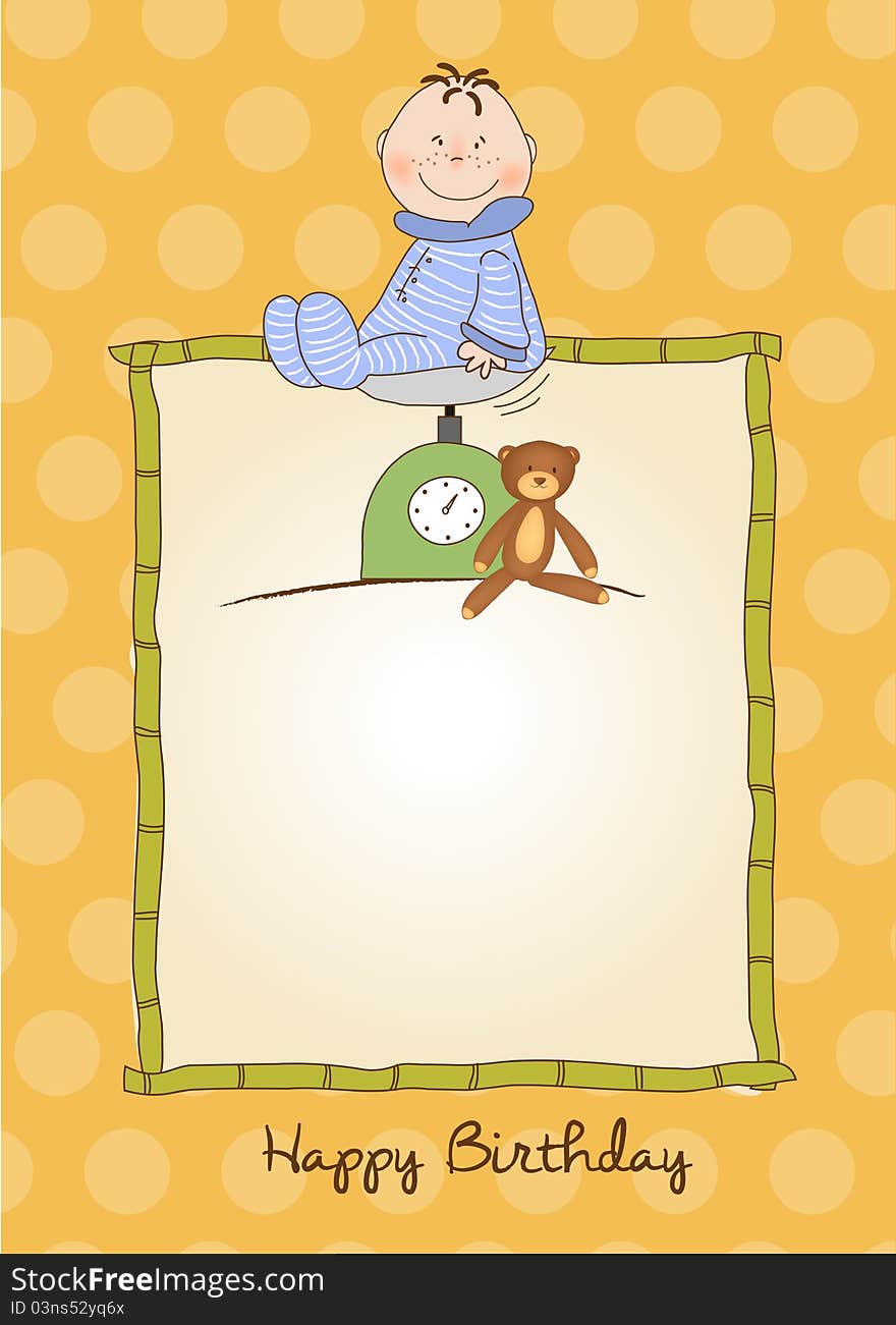 Little boy anniversary card with scale and teddy