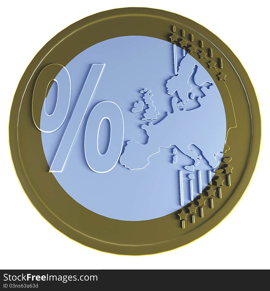 Euro coin with percent isolated on white