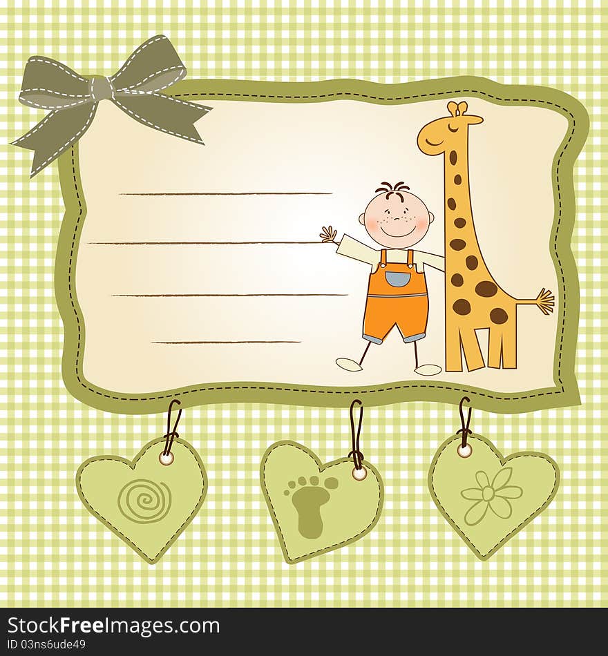 Welcome new baby card with boy and giraffe