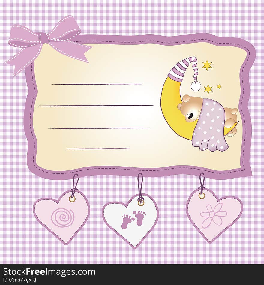 Welcome new baby girl, announcement card with teddy bear