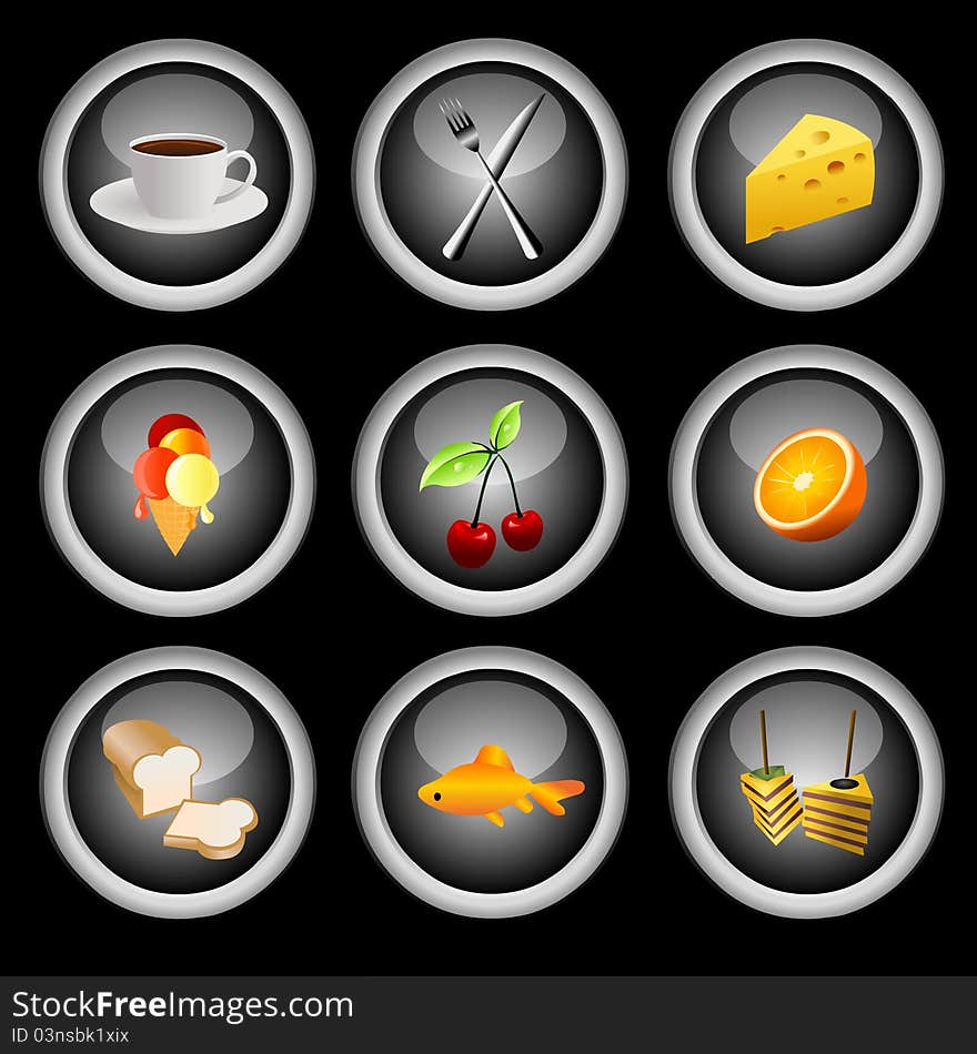 Food icon set on glossy buttons