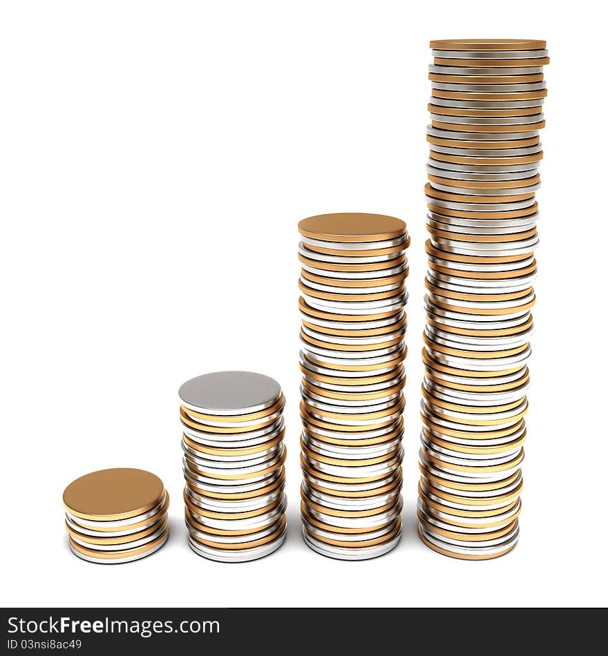 Golden and silver coins stacks isolated on white background