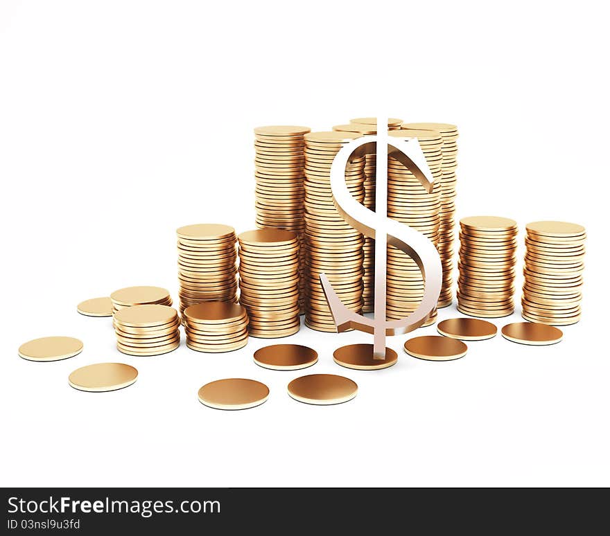 Columns of golden coins with symbol fo dollar isolated on white background