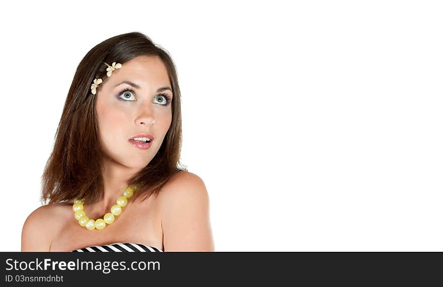 Beautiful young woman against white background