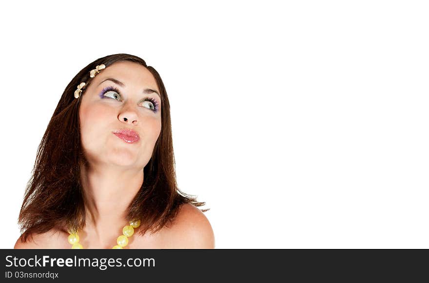 Beautiful young woman against white background with a kiss