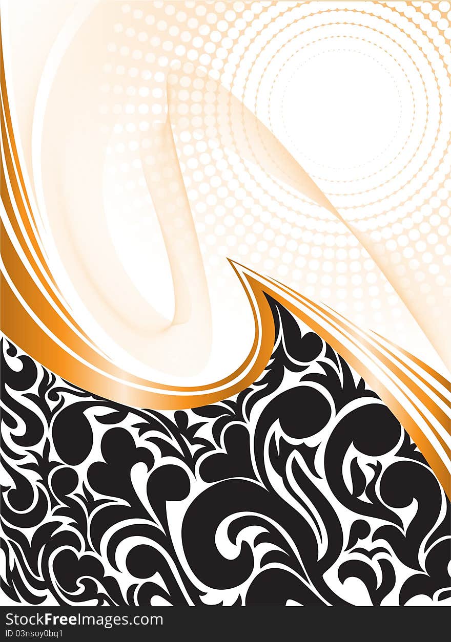 Abstract background with black ornaments and orange waves. Abstract background with black ornaments and orange waves