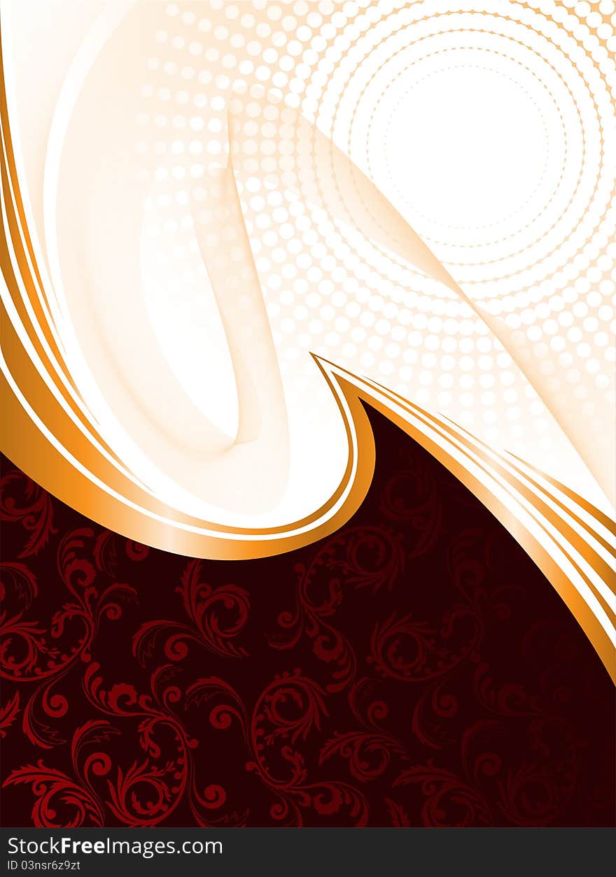 Abstract red background with ornament and orange waves. Abstract red background with ornament and orange waves