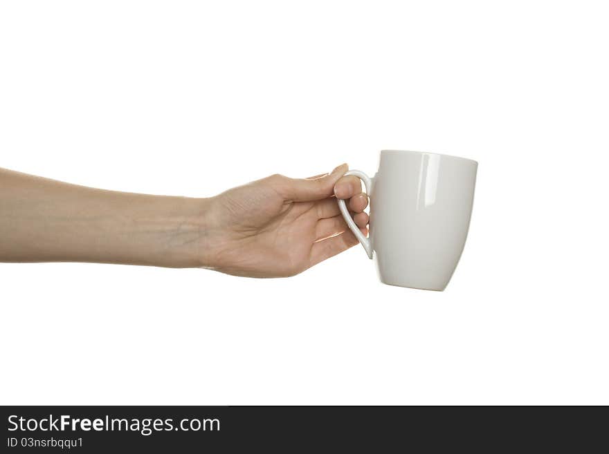 White cup in his hand. Isolated on white background. White cup in his hand. Isolated on white background