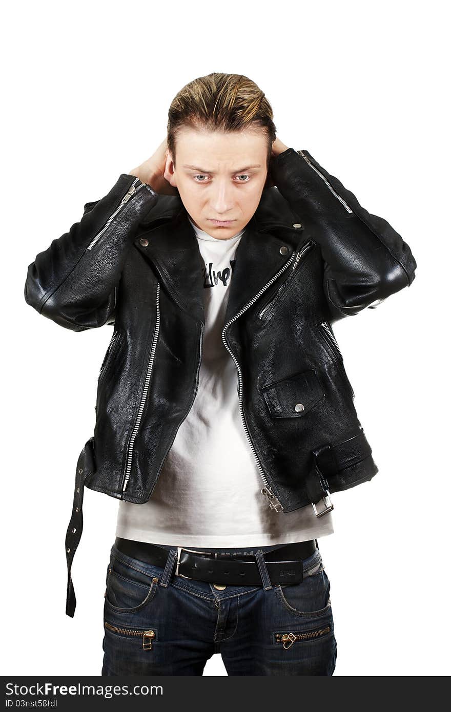 Young Depressed Man In Black Leather