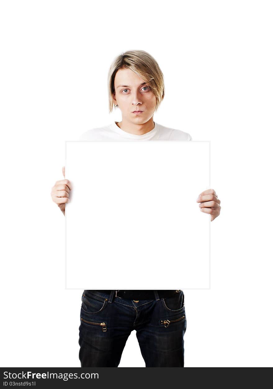 Young handsome guy with empty board in hands