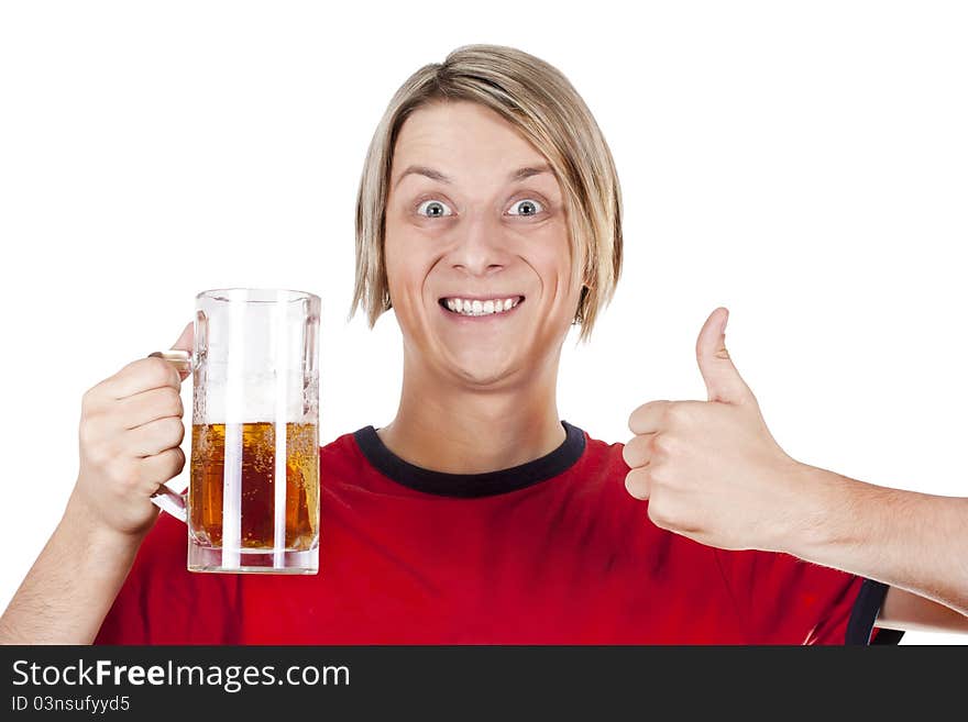 Happy young man holding beer mug