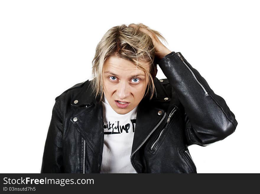 Tired young guy on white background