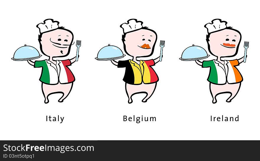 Chef of restaurant from Italy Belgium, Ireland - vector illustration - An italian chef, a belgium chef, an irish chef