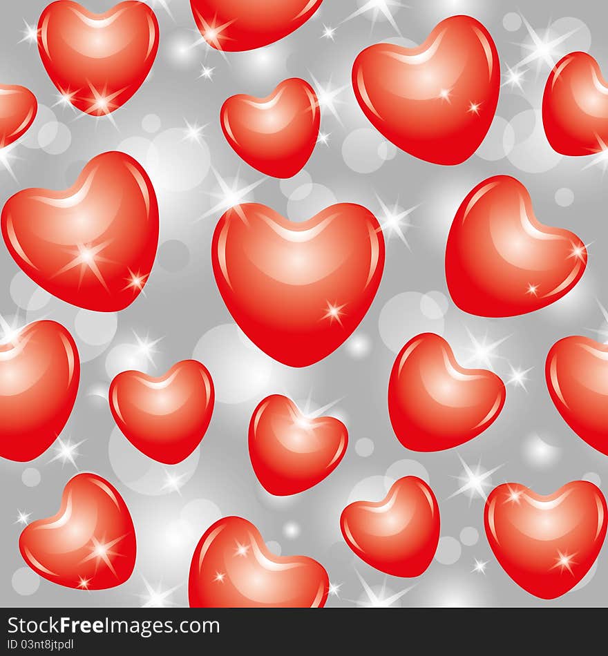 Shiny seamless pattern with beautiful red hearts