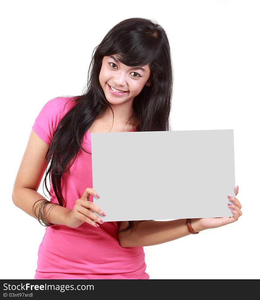 Young woman showing a blank white card isolated on white