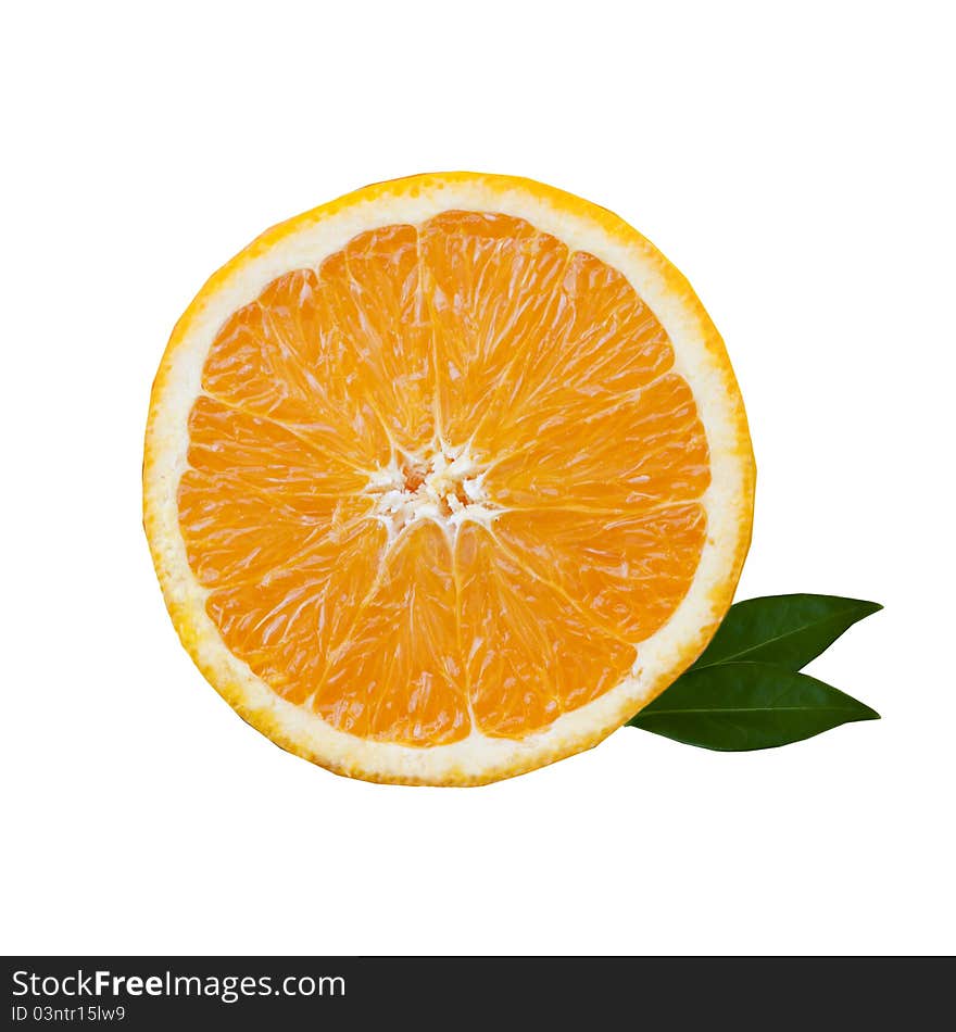 Slice Of Orange With Green Leaves