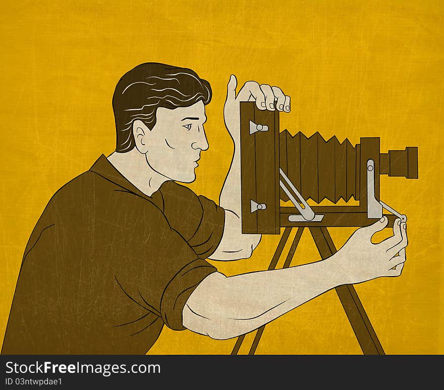 Illustration of a Cameraman with vintage camera shooting side view done in the style of cartoon style done in the style of Japanese wood block print. Illustration of a Cameraman with vintage camera shooting side view done in the style of cartoon style done in the style of Japanese wood block print.