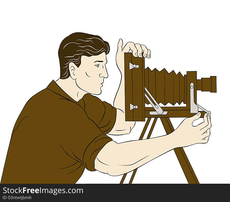 Illustration of a Cameraman with vintage camera shooting side view done in the style of cartoon style isolated on white. Illustration of a Cameraman with vintage camera shooting side view done in the style of cartoon style isolated on white